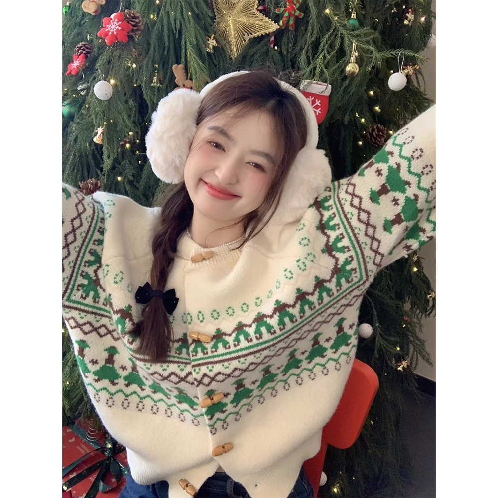 园园美衣感费尔岛毛衣开衫女秋冬软糯慵懒风牛角扣针织外套上衣春