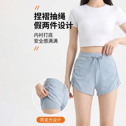 跨境侧边抽褶假两件短裤女夏季速干抽绳三分瑜伽裤跑步健身防走光