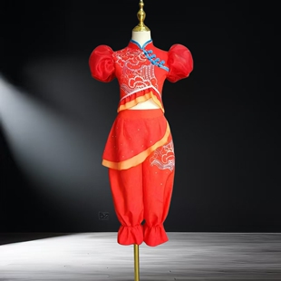 第十届小荷风采渔鼓娃娃舞蹈演出服儿童喜庆中国红民族秧歌表演服