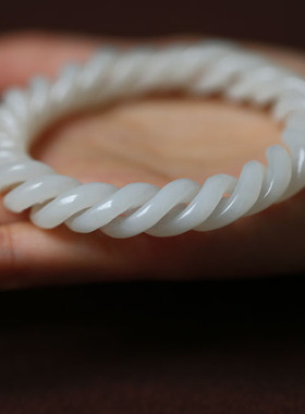 【凝脂】天然 白玉满工仿古可活动麻花古典手镯一枚54~56MM佩戴