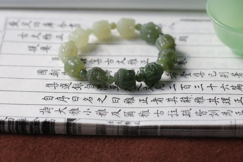 【逍遥叹】天然和田玉青白玉翠色双面佛头手链一枚【精品】