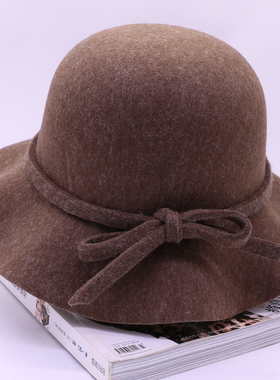 D19韩版春秋冬天毛呢盆帽女渔夫帽蝴蝶结波浪边休闲礼帽百搭帽子