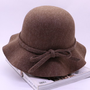 D19韩版 春秋冬天毛呢盆帽女渔夫帽蝴蝶结波浪边休闲礼帽百搭帽子