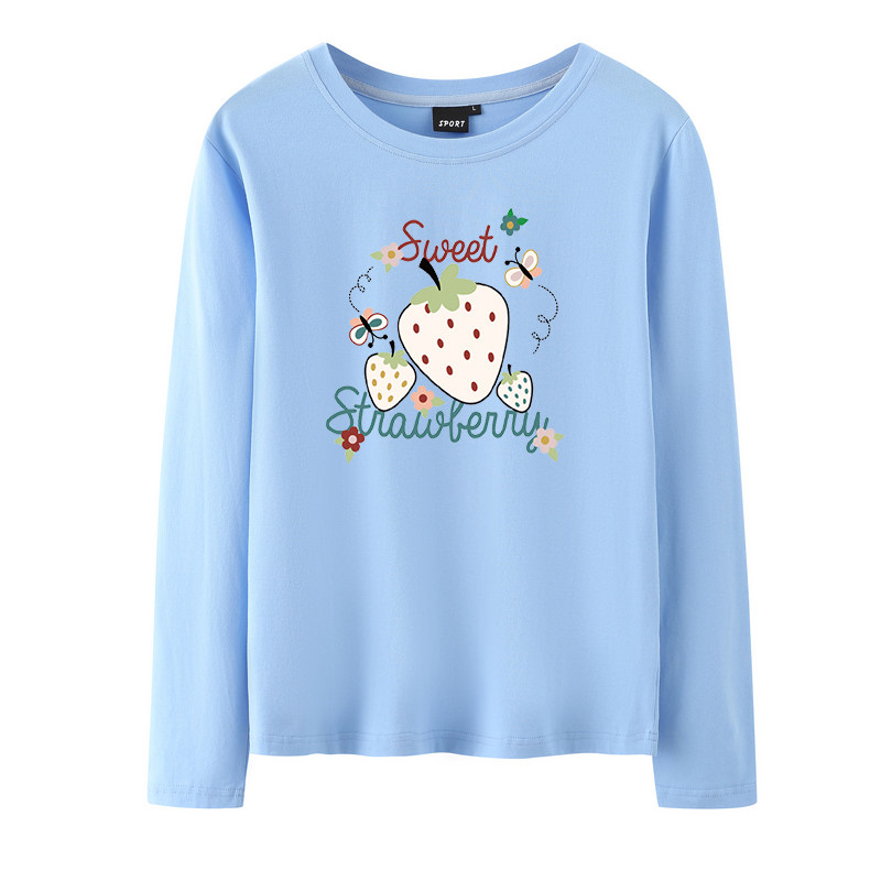 纯棉长袖t恤女春秋新款打底衫圆领大码宽松显瘦百搭学生蓝色体恤