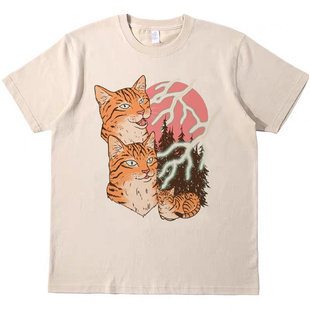 猫猫闪电 趣味复古T恤美式男女款卡其色情侣纯棉宽松bf短袖tshirt