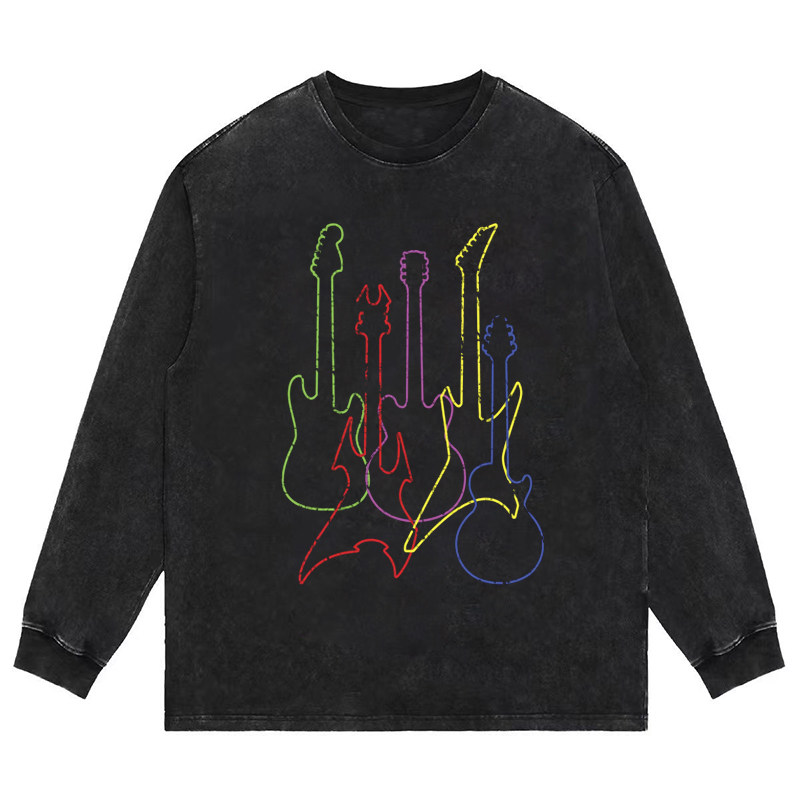 电吉他收集线条画 重磅美式vintage水洗做旧长袖短袖t恤男女卫衣
