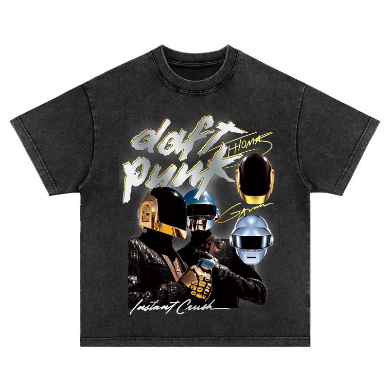 daft punk蠢朋克美式复古水洗做旧纯棉宽松圆领长短袖t恤卫衣男女