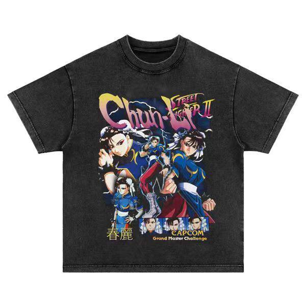 日系街头霸王春丽美式街头水洗做旧复古纯棉圆领宽松重磅短袖T恤