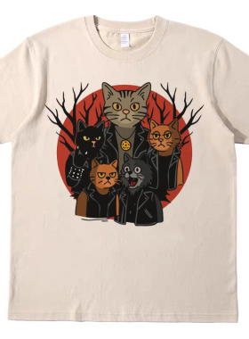 金属摇滚猫猫 直喷印花T恤复古vintagetee男女宽松休闲短袖tshirt