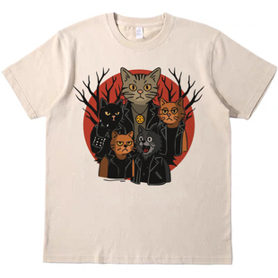 金属摇滚猫猫 直喷印花T恤复古vintagetee男女宽松休闲短袖tshirt
