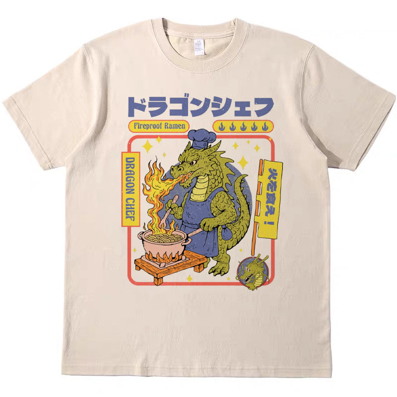 恐龙拉面大厨 趣味美式复古vintage短袖男女情侣T恤纯棉tee shirt