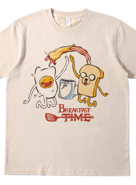 卡通早餐时间 直喷印花T恤复古vintagetee男女宽松休闲短袖tshirt