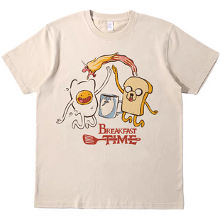 卡通早餐时间 直喷印花T恤复古vintagetee男女宽松休闲短袖tshirt