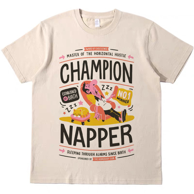 瞌睡虫冠军 趣味直喷复古vintage男女情侣短袖tee宽松纯棉T恤