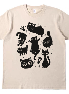 黑猫插画 趣味直喷印花T恤复古vintagetee男女宽松休闲短袖tshirt