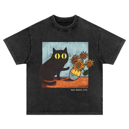 梵高的猫 直喷印花vintage复古美式休闲水洗做旧长短袖T恤上衣tee