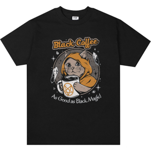 喝黑咖啡的猫 黑色纯棉T恤美式复古vintage男女款情侣短袖tshirt