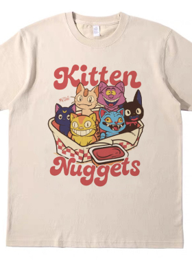 趣味小猫快餐 直喷印花T恤复古vintagetee男女宽松休闲短袖tshirt