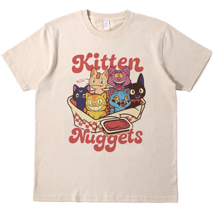 趣味小猫快餐 直喷印花T恤复古vintagetee男女宽松休闲短袖tshirt