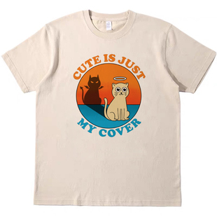 猫猫搞怪英文印花 复古vintage美式T恤男女宽松纯棉短袖teeshirt