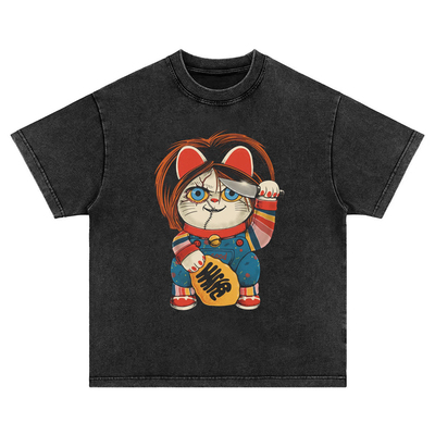 chucky招财猫 趣味美式复古水洗做旧纯棉宽松圆领短袖t恤男女卫衣