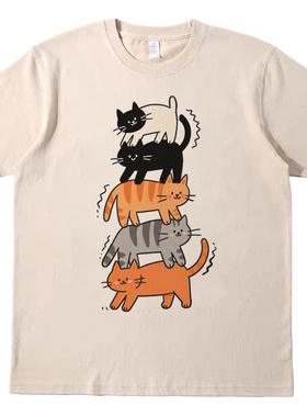 猫猫叠高高 直喷印花T恤复古vintagetee男女宽松休闲短袖tshirt