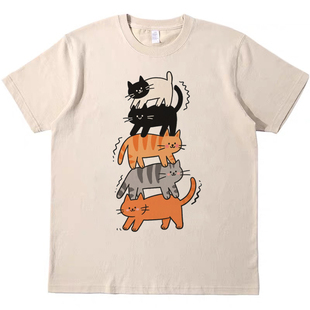 猫猫叠高高 直喷印花T恤复古vintagetee男女宽松休闲短袖tshirt