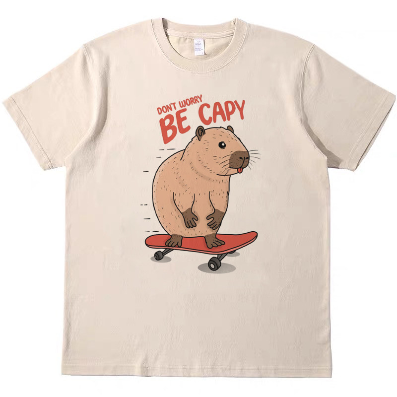 滑板卡皮巴拉 趣味直喷复古vintage男女情侣短袖tee宽松纯棉T恤,男装,T恤,淘宝优惠券,粉丝福利购,淘宝优惠卷