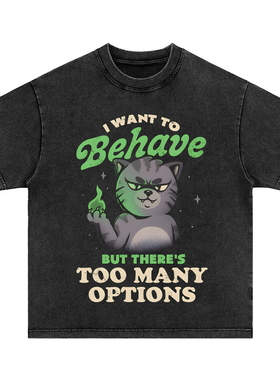 会魔法的猫猫 水洗做旧vintage重磅纯棉宽松长短袖男女T恤卫衣tee