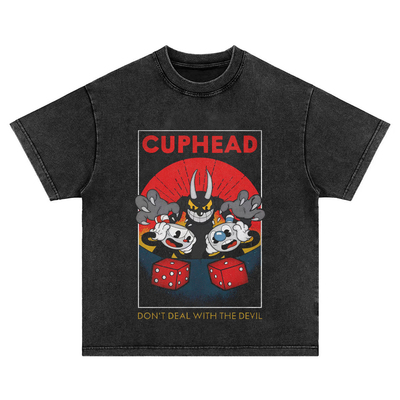 茶杯头cuphead游戏 美式重磅水洗做旧纯棉宽松长短袖t恤男女卫衣