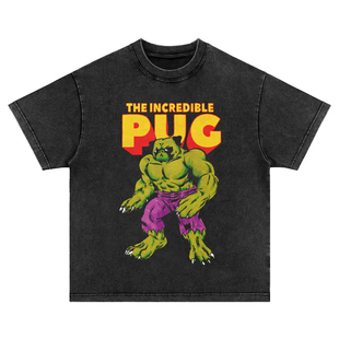 不可思议的哈巴狗 重磅美式复古水洗做旧纯棉短袖t恤男女圆领卫衣