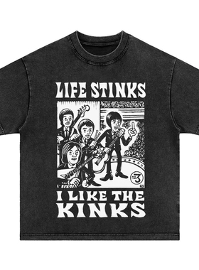 the kinks奇想乐队 直喷印花美式水洗做旧复古纯棉重磅长短袖T恤