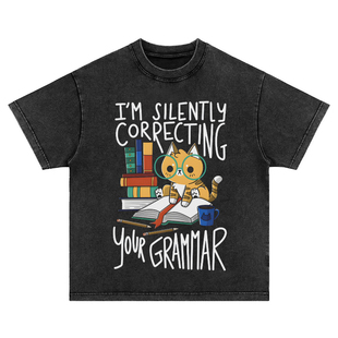 默默看书学习的猫 黑色纯棉T恤美式复古vintage男女款短袖tshirt