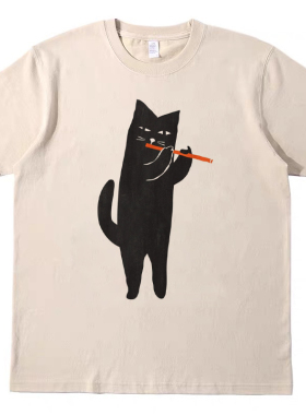 吹笛子的猫 直喷印花T恤复古vintagetee男女宽松休闲短袖tshirt