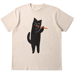 吹笛子的猫 直喷印花T恤复古vintagetee男女宽松休闲短袖tshirt