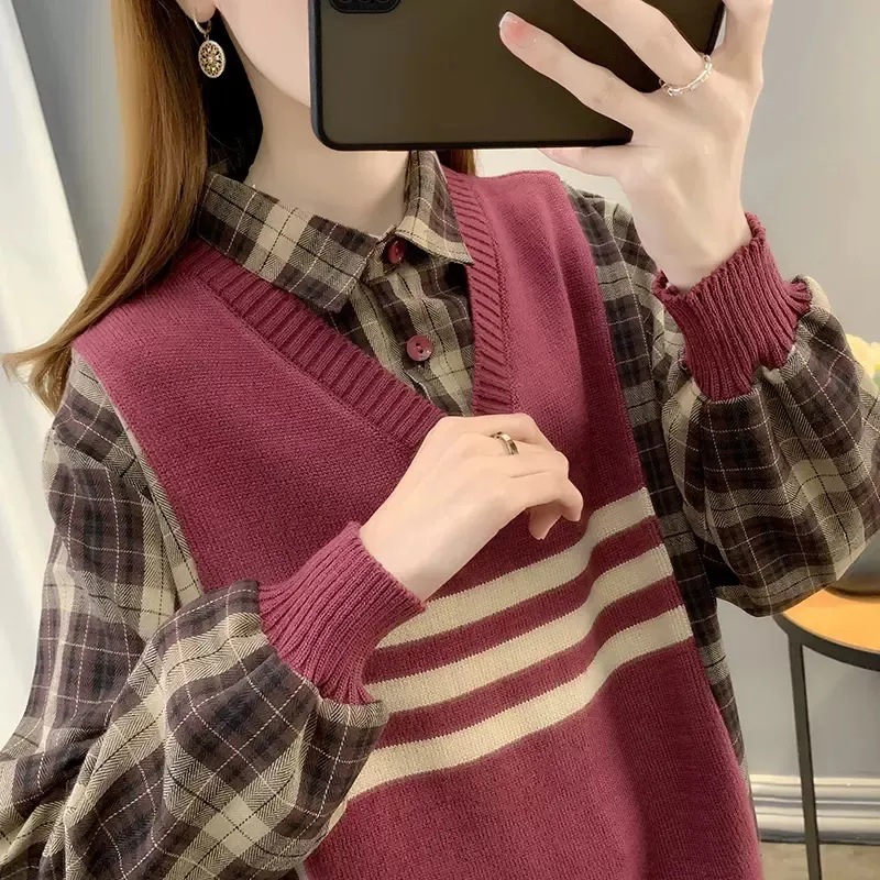假两件拼接针织上衣女春秋新款洋慵懒风短款毛衣衬衫领外穿打底