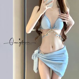 ins 泳衣女人鱼钻链欧美纯欲风性感绑带三角比基尼三点式 度假