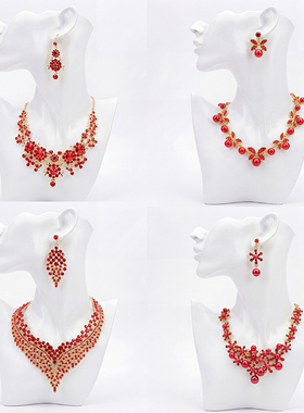 欧美复古宫廷风红色水晶项链耳环套装 新娘礼服锁骨链轻奢配饰