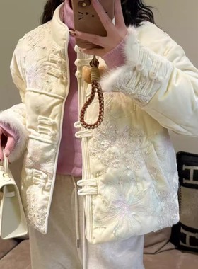 新中式国风刺绣羽绒服女2025冬季新款立领盘扣白色洋气白鸭绒外套