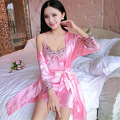 吊带睡裙大码 冰丝蕾丝性感两件套装 丝绸家居服 夏季 睡衣女春秋长袖