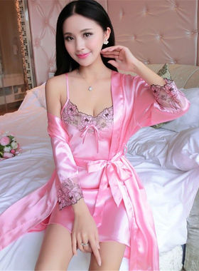 睡衣女春秋长袖夏季冰丝蕾丝性感两件套装吊带睡裙大码丝绸家居服