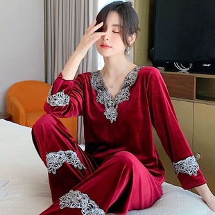 V领珊瑚双面绒套装家居服妈妈睡衣秋冬季女士长袖金丝绒两件套装
