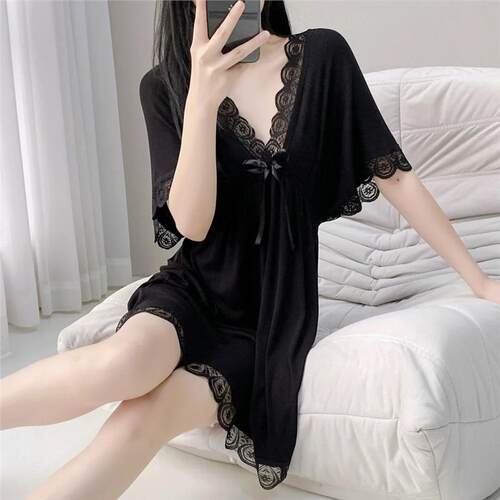 网红新爆款女夏短袖网纱加大码200斤睡裙性感宽松蕾丝花边家居服