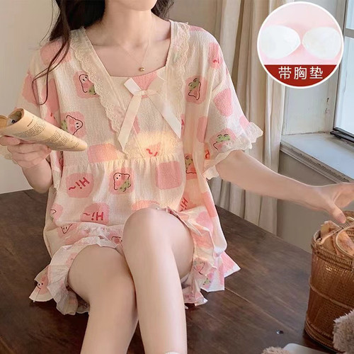 带棉垫睡衣女夏季天卡通可爱短袖短裤甜美两件套公主风甜美家居服