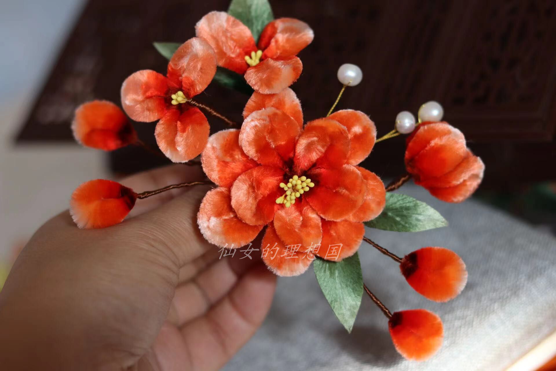 非遗蚕丝绒花新娘婚嫁头饰古装汉服复古发簪