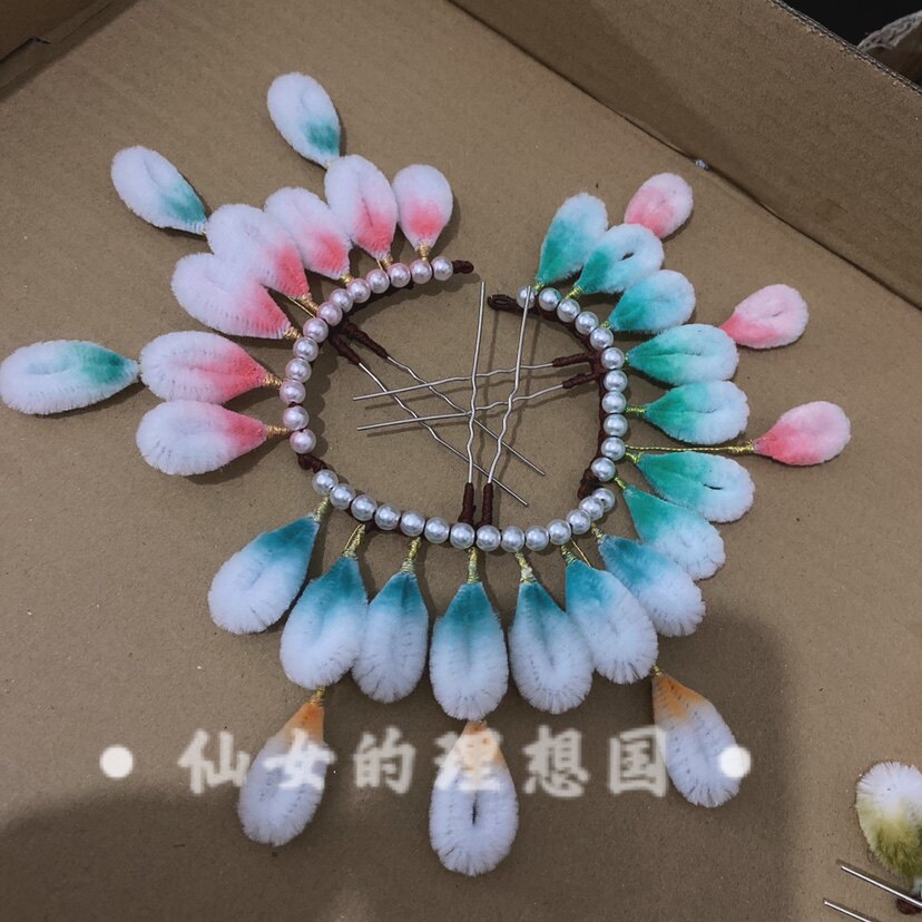 纯手工仿绒花头饰珍珠排簪古装汉服配饰国风饰品
