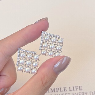 5天然淡水珍珠镶嵌注金银色系列超美超 M家同款 多珠九宫格耳钉