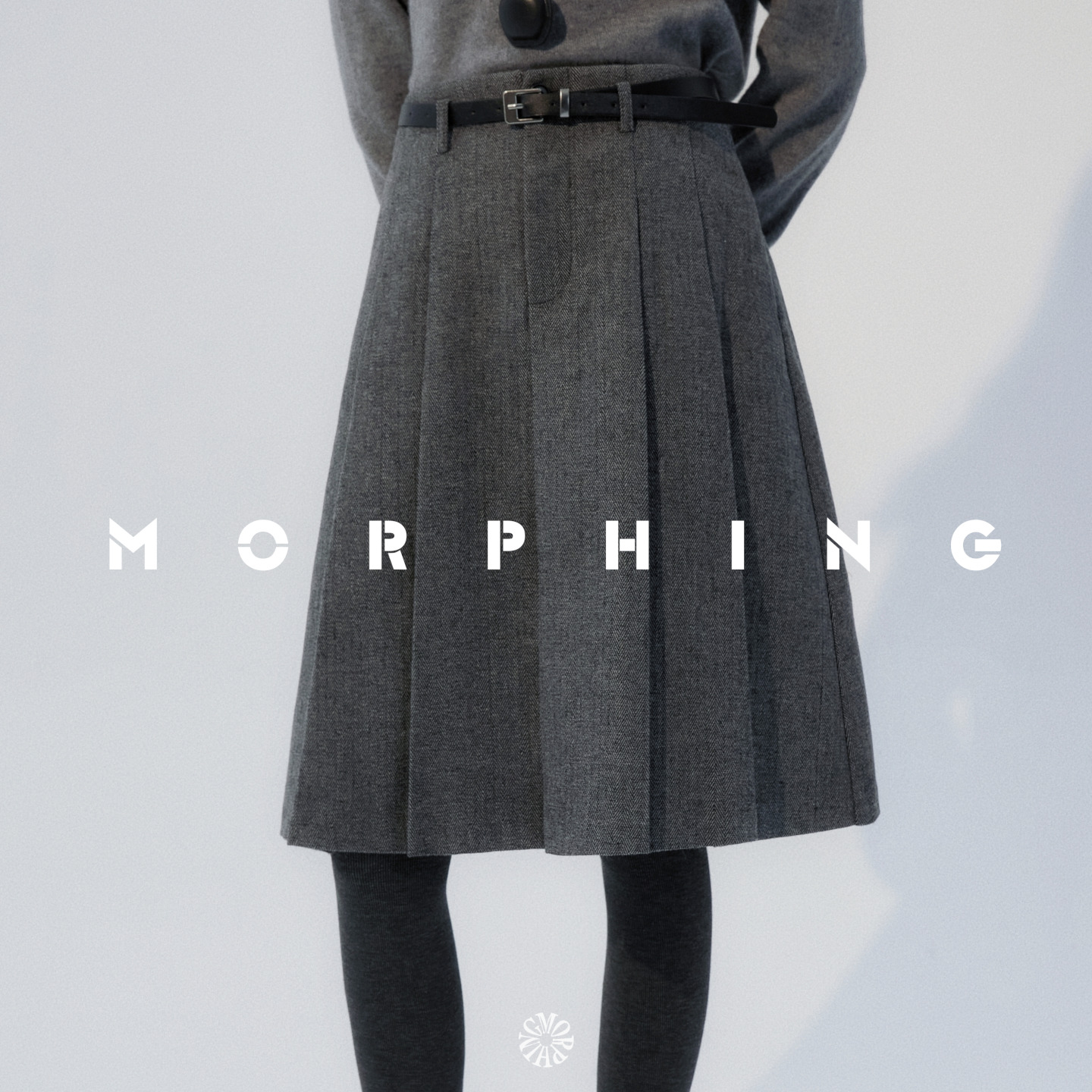 茉斐MORPHING冬季绵羊毛混纺复古人字纹毛呢百褶半身中裙女