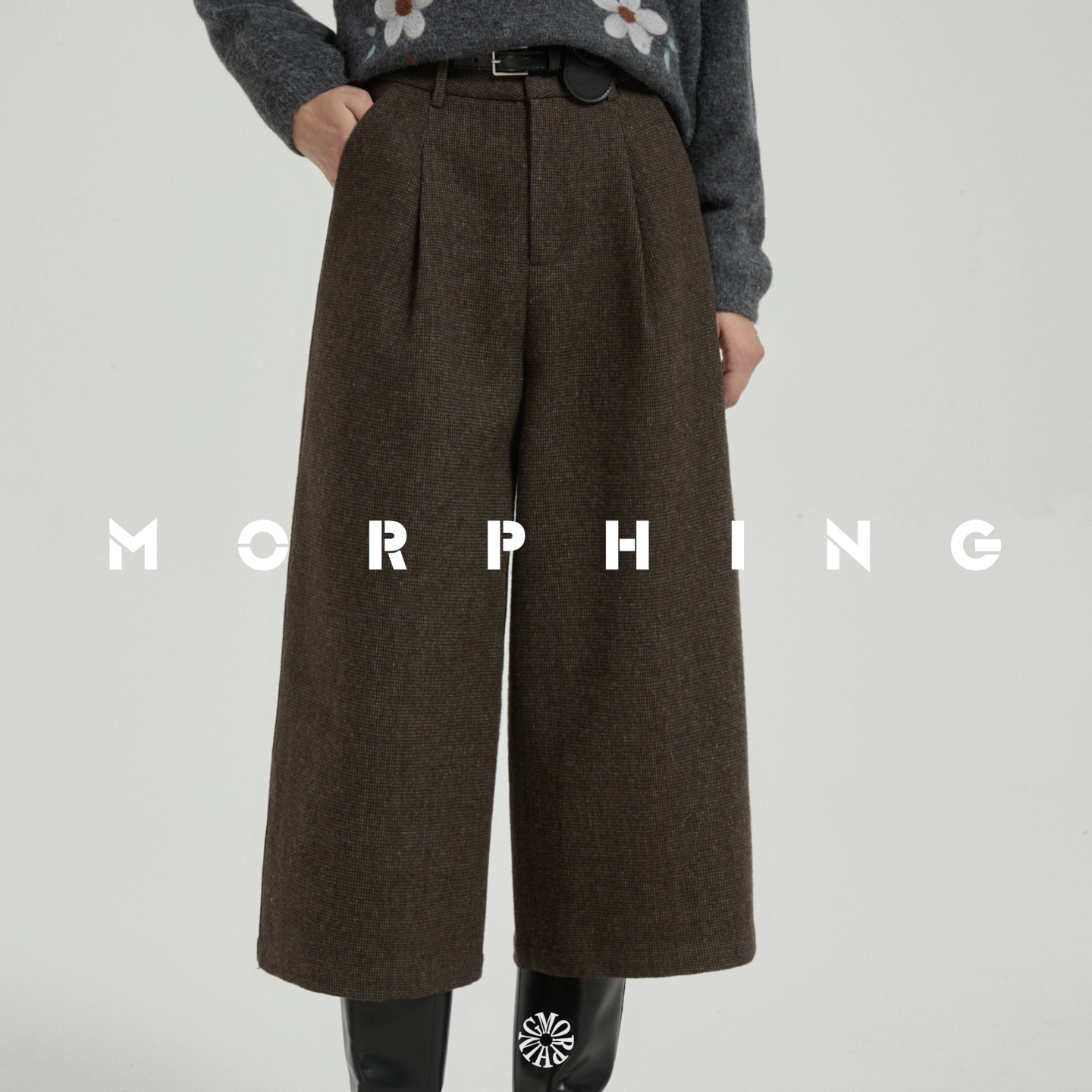 茉斐MORPHING定制哔叽梭织斜纹西装裤侧边捏褶设计感显瘦阔腿裤女