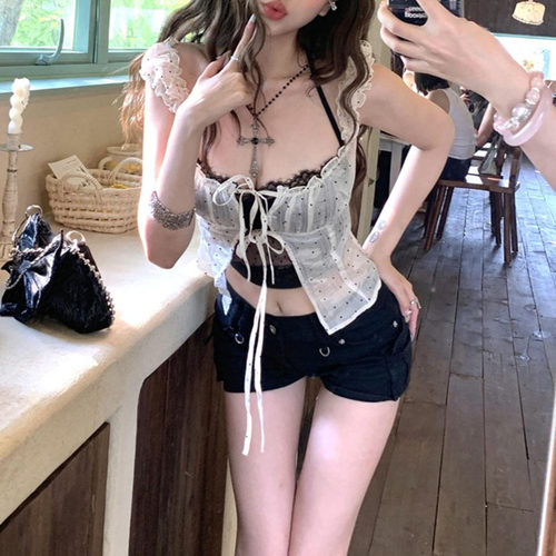 纯欲风上衣黑色蕾丝吊带背心女夏季叠穿绑带波点开衫甜辣妹两件套
